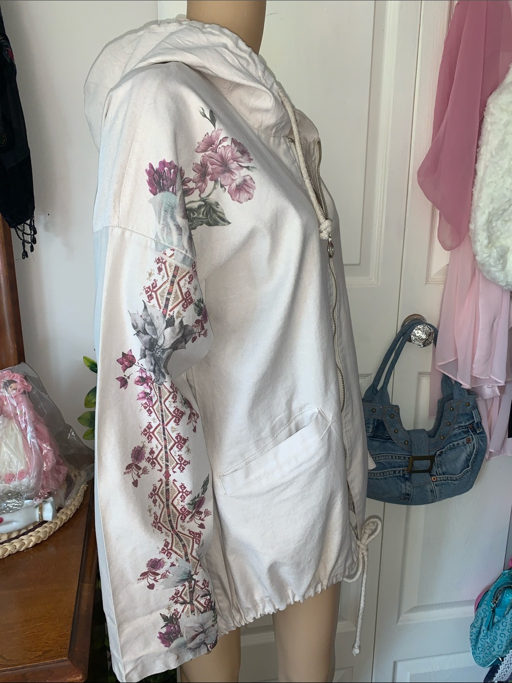 Vtg 90s Italian hooded floral cotton light jacket L - Picture 6 of 11